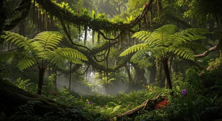 Naklejka premium Tropical rainforest with lush green foliage.