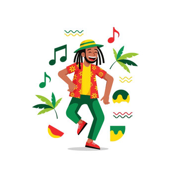 Vector illustration of a smiling man with dreadlocks wearing a rastafarian hat and floral shirt dancing, surrounded by musical notes, cannabis leaves, and abstract colorful shapes.