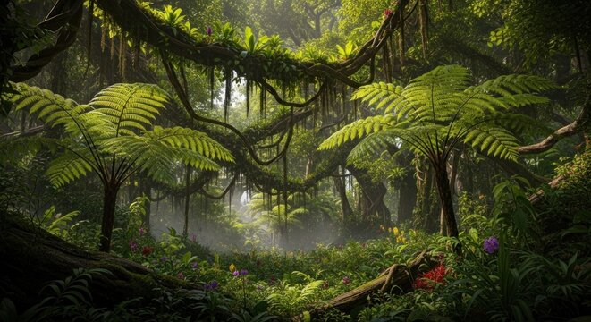 Tropical rainforest with lush green foliage.