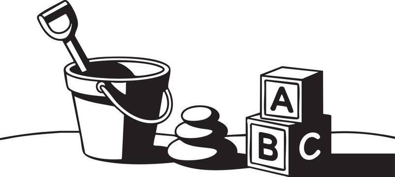 a black and white illustration of a bucket with a shovel, stones, and alphabet blocks for educational purposes, suitable for children's learning and development marketing materials