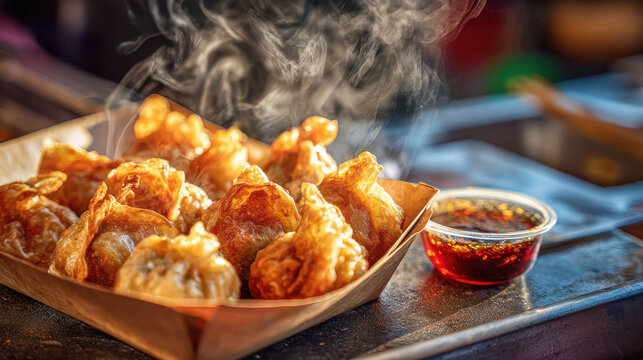 Golden-fried dumplings are steaming, served with a delicious dipping sauce. A close-up shot of the fresh dumplings