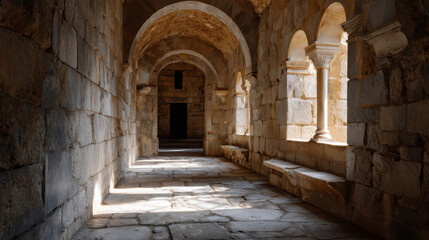 Fototapeta premium An antique stone corridor with arched doorways bathed in sunlight 