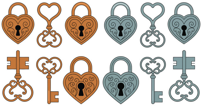 Lock and key design featuring vintage ornate heart shaped padlocks with gold and silver finish and decorative skeleton keys illustration