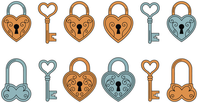 Lock and key artwork presenting vintage ornate heart shaped padlocks with gold and silver texture and decorative antique key elements
