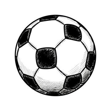Minimalist ink drawing of a soccer ball with bold sketch lines and cross-hatching isolated on a white background street art aesthetic concept of athletic energy