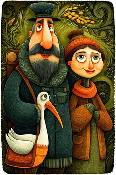 Couple with a goose in a colorful setting