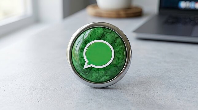 Close up of a green chat button on a grey office desk, laptop in background