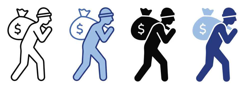 Robber with money bag icon symbolizing theft and financial crime ideal for security graphics