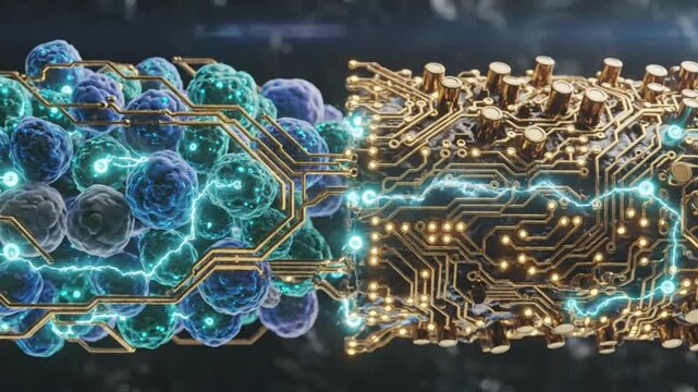 Bio-digital Interface Cells Connected to Futuristic Circuit Board, Data Transfer
