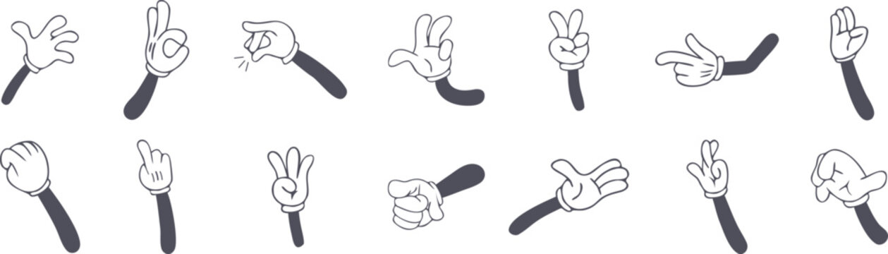 Cartoon hand gesture icon set with playful fingers counting, pointing, and expressive signs. Cute doodle line art collection ideal for communication, education, apps, and fun interface design projects