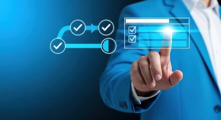 Obraz premium Businessman interacting with digital interface and checklist