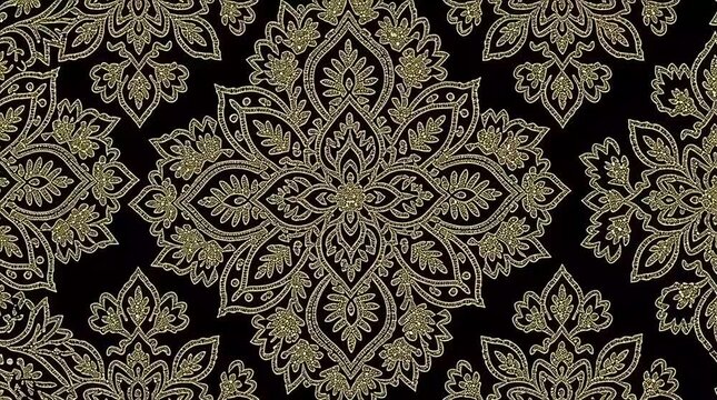 Elegant seamless floral ornament pattern in gold tones on a dark background, featuring intricate vintage motifs inspired by classic damask and decorative textile design. Perfect for luxury branding.