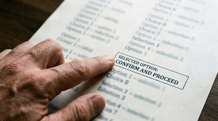 Obraz premium Hand points to a specific selection on a printed document that requires confirmation to proceed.