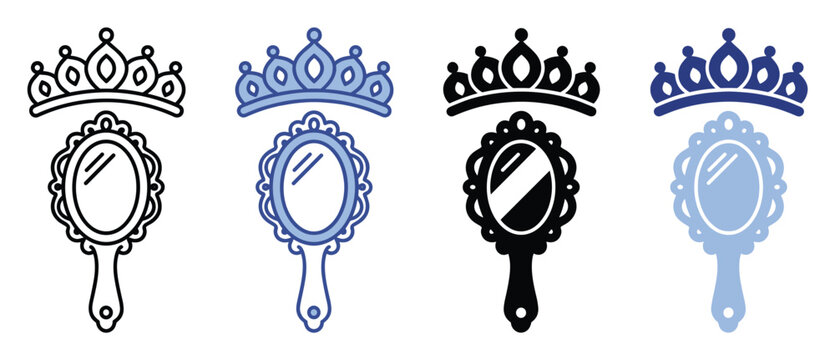 Princess crown and magic mirror icon set perfect for childrens books or fantasy game assets