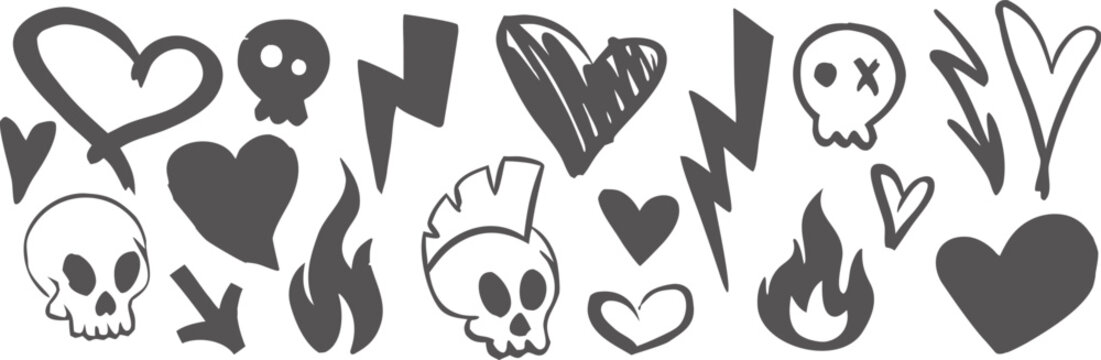 Grunge emo doodle set with hearts skulls lightning bolts and flame symbols in hand drawn cartoon style. Alternative punk sticker collection for tattoo art scrapbook decoration and edgy youth design.