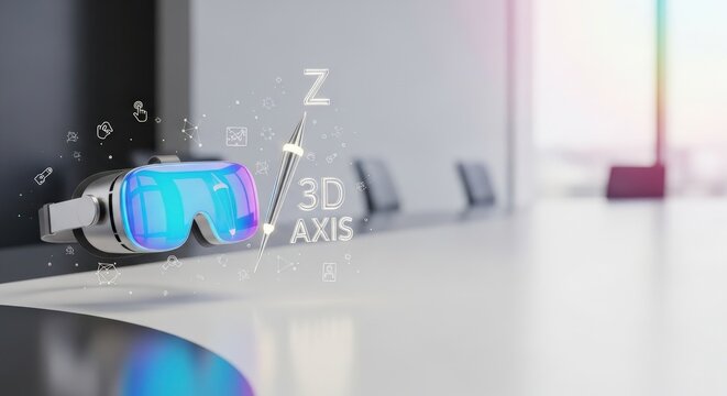 Conceptual Macro of Spatial Computing Goggles and 3D Axis on Titanium Surface with Copy Space
