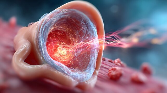 Artery section illustrates the biological flow of blood cells through a constricted vascular passage.