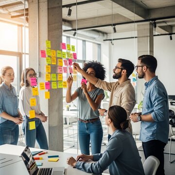 Group of multiethnic business people brainstorming together in modern office.