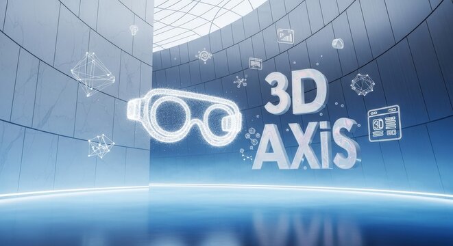Conceptual Spatial Interface Lab with Holographic Goggles and 3D Axis in Futuristic Atrium