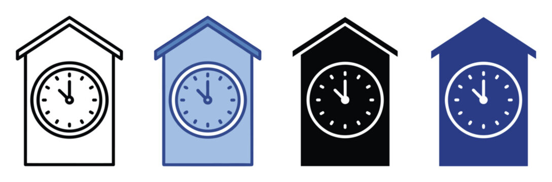 Cuckoo house clock icon variations ideal for timekeeping software and application design elements.