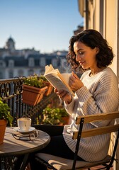 Obraz premium Young woman reading a book and drinking coffee on a terrace in Paris