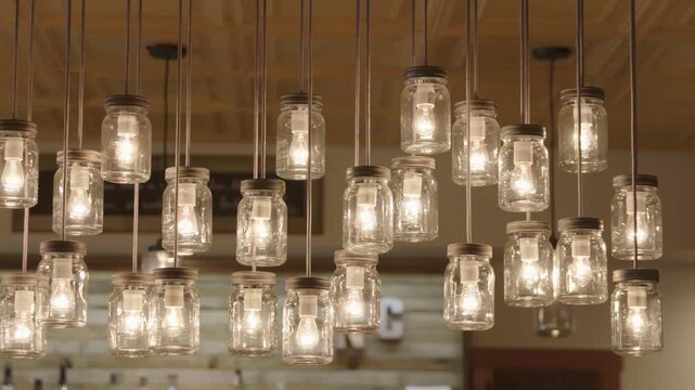 Warm glowing mason jar pendant lights hanging indoors creating a cozy rustic ambiance.