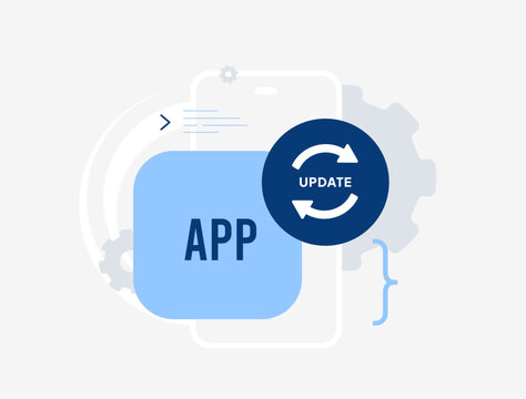 App update with security protection and software upgrade in digital interface. Install version and fix system with patch and secure access for better mobile app performance vector illustration.