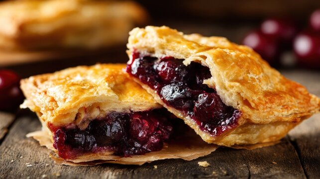 Golden baked fruit turnovers reveal rich, dark filling on rustic wooden surface