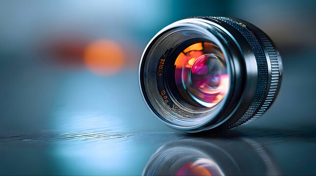 Close up of a black camera lens with a reflective surface and vibrant colorful light reflections on a sleek metallic texture background emphasizing photography equipment and modern design