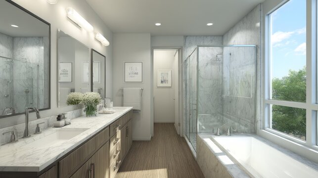 Modern luxury bathroom features dual vanity and soaking tub beside a large exterior window