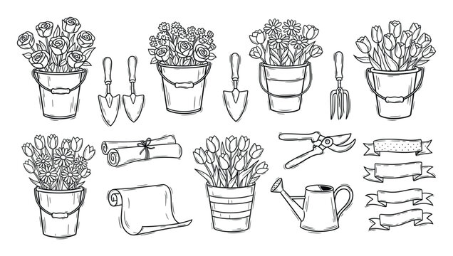 Hand drawn outline collection of garden tools, blooming flowers in buckets for springtime activity.