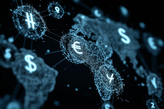 Digital global financial network with currency symbols 