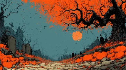 Pumpkins and trees fill a graveyard during autumn sunset © Andreas