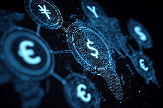 Digital global financial network with currency symbols 