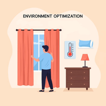 Flat vector illustration of a man closing orange curtains in a bedroom to regulate room temperature, featuring a wall thermometer, dresser, lamp, and environment optimization text.