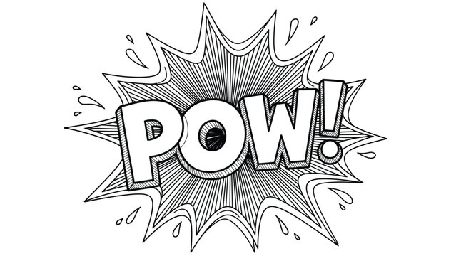 A comic speech bubble with the word 'POW!' in bold capital letters, surrounded by radiating lines and splash marks black and white vector drawing.