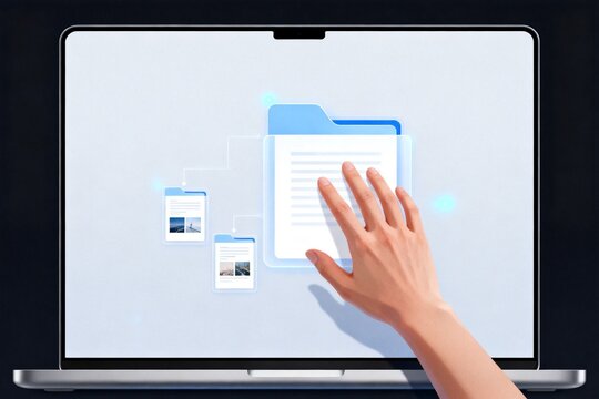 Hand interacting with digital files on laptop