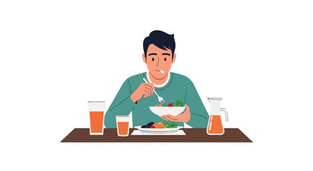 Flat vector illustration of a man sitting at a dining table eating a healthy salad with a fork, featuring a plate of food and glasses of orange juice on a white background.