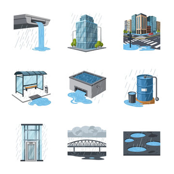 Vector illustration set of urban rain and drainage scenes featuring gutter downspouts, flooded city streets, storm drains, rain barrels, bus stops, and buildings in heavy rainfall.