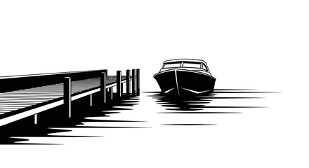 Speedboat anchored next to a wooden pier, minimalist black and white vector illustration. © Hafiz