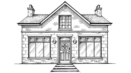Fototapeta premium A charming, traditional two-story house with a prominent gable roof, multiple windows, and a front door featuring a decorative cross emblem.