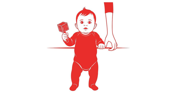 Baby holding a toy cube.