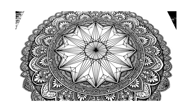 Starburst geometric mandala with layered ornamental borders black and white outline vector design