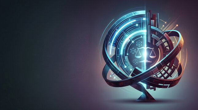 AI ethics regulation Concepts. Digital futuristic scales of justice with glowing blue and orange light effects on a dark background.