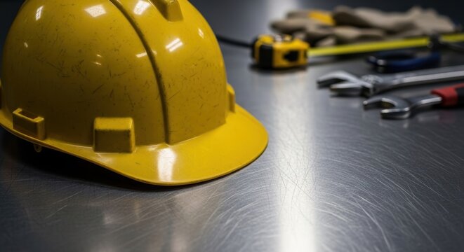 yellow helmet lying on metal surface with wrench measuring tape and glove