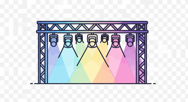 Stage lighting rig with colorful spotlights illuminating a blank background