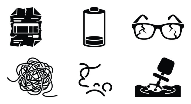 Set of black and white silhouette icons representing various problems, damage, and difficulty perfect for conveying stress or malfunction in business applications.