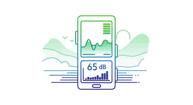Smartphone sound meter app showing 65 decibels with graph and bar chart, nature background