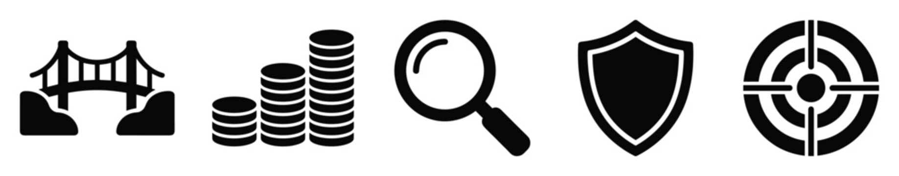 Visual collection of business icons representing connection, finance, investigation, security, and achievement for corporate use.