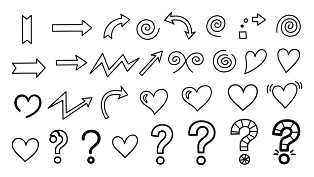 Doodle outline arrows, hearts, and question mark symbols for graphic design projects